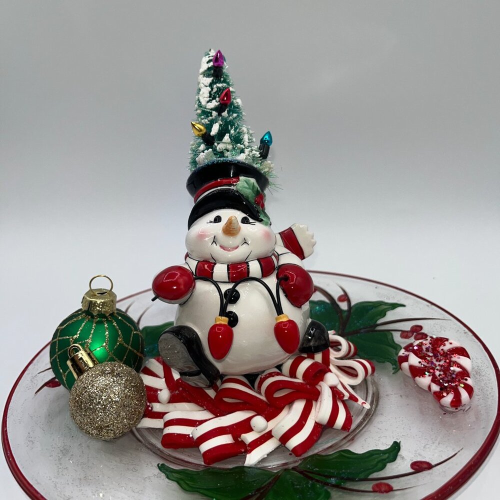 Vintage Ceramic Snowman With Bottle Brush Tree String Light Hat Candy Cane OOAK - Picture 10 of 16